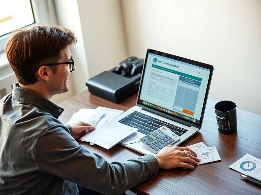 Person using debt consolidation calculator on laptop while reviewing credit card statements