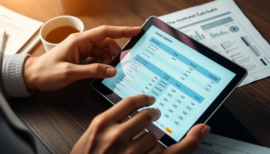 Person using interest calculator to compare different financial options