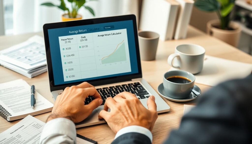 Person using laptop with average return calculator for financial planning