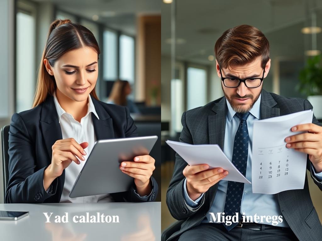 Person using online interest calculator versus someone doing manual calculations