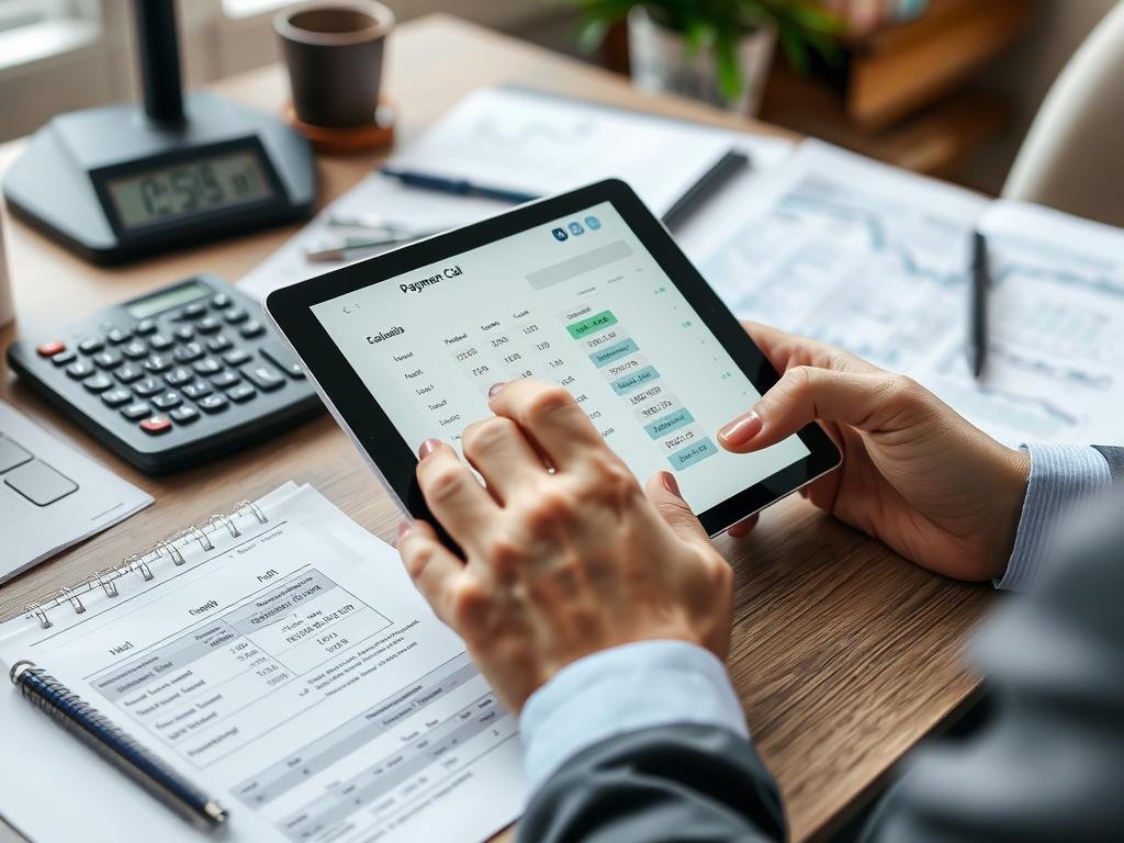 Person using payment calculator on tablet with financial documents CalculatorHunt Person using payment calculator on tablet with financial documents