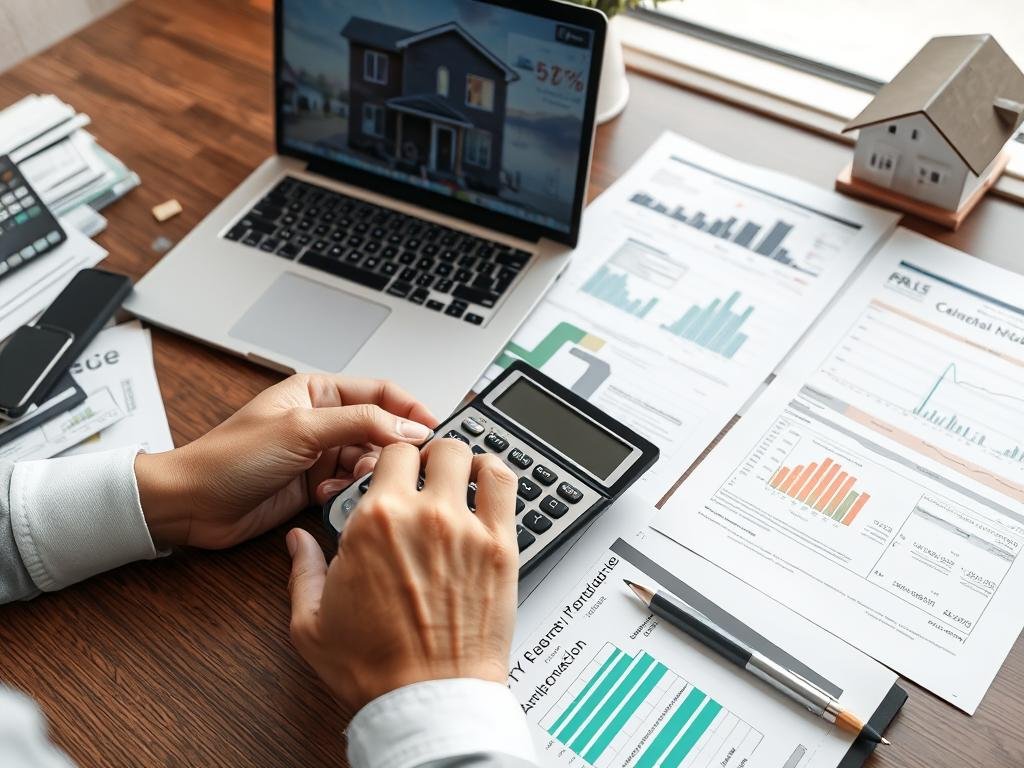 Person using real estate calculator on laptop while reviewing property documents
