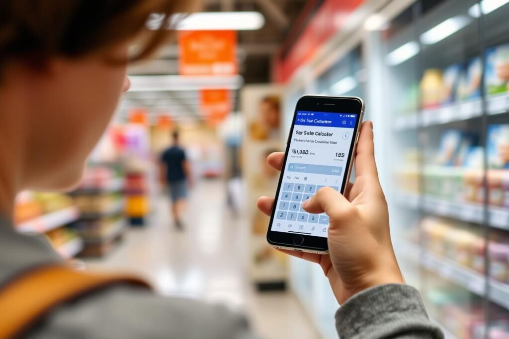 Person using sales tax calculator app on smartphone while shopping in store