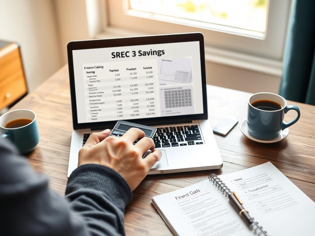 Person using the Savings Calculator on a laptop with financial documents nearby