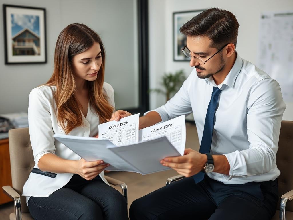 Real estate agents discussing commission structure for a property listing