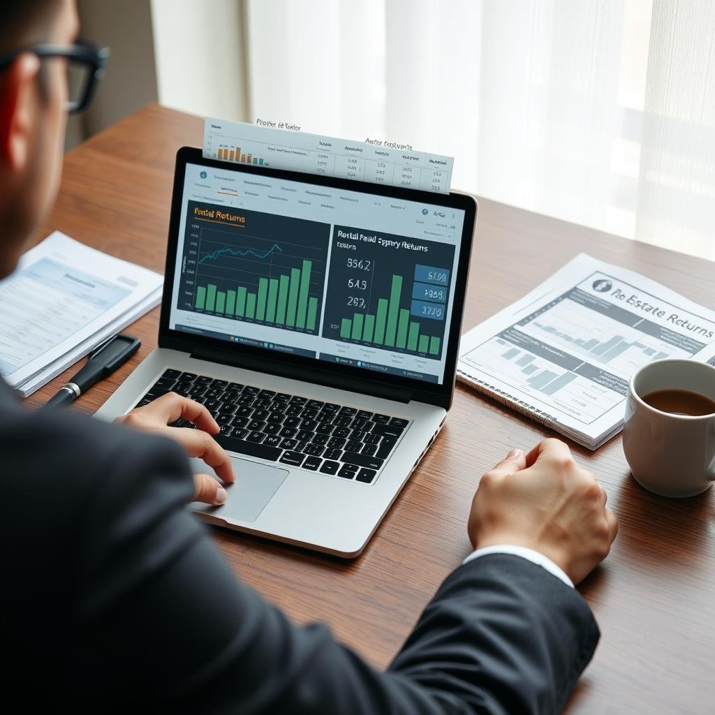 Real estate investor analyzing rental property returns on a laptop with calculator and property documents