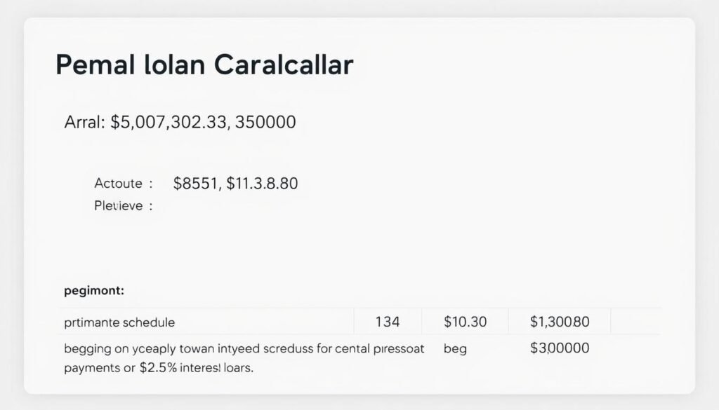 Sample personal loan calculator results showing monthly payment, total interest, and amortization schedule