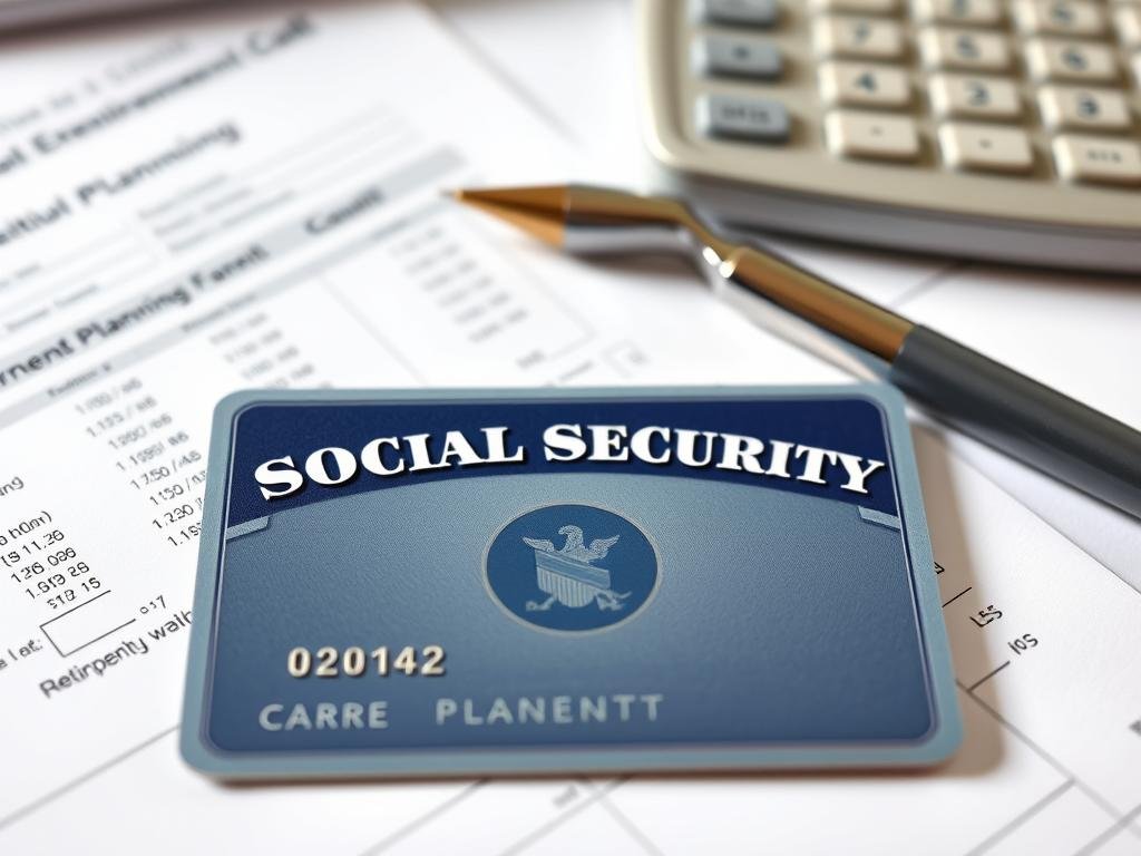 Social Security card with retirement planning documents and calculator