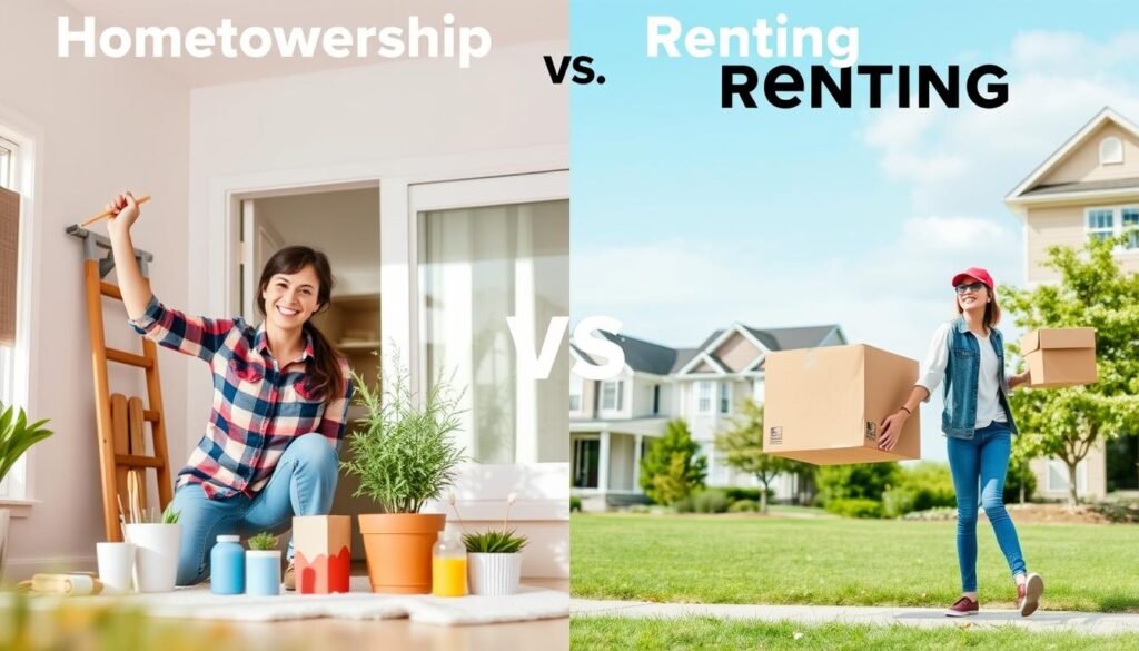 Split image comparing homeowner doing renovations versus renter enjoying mobility