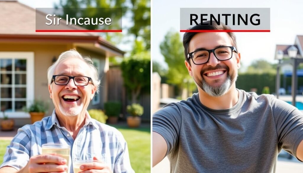 Split screen showing happy homeowner and content renter both making the right choice for their situation
