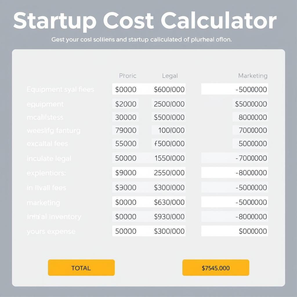 Startup Cost Calculator interface with expense categories