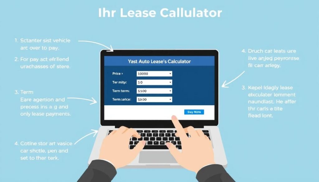 Step by step guide showing how to use an Auto Lease Calculator with arrows pointing to different input fields