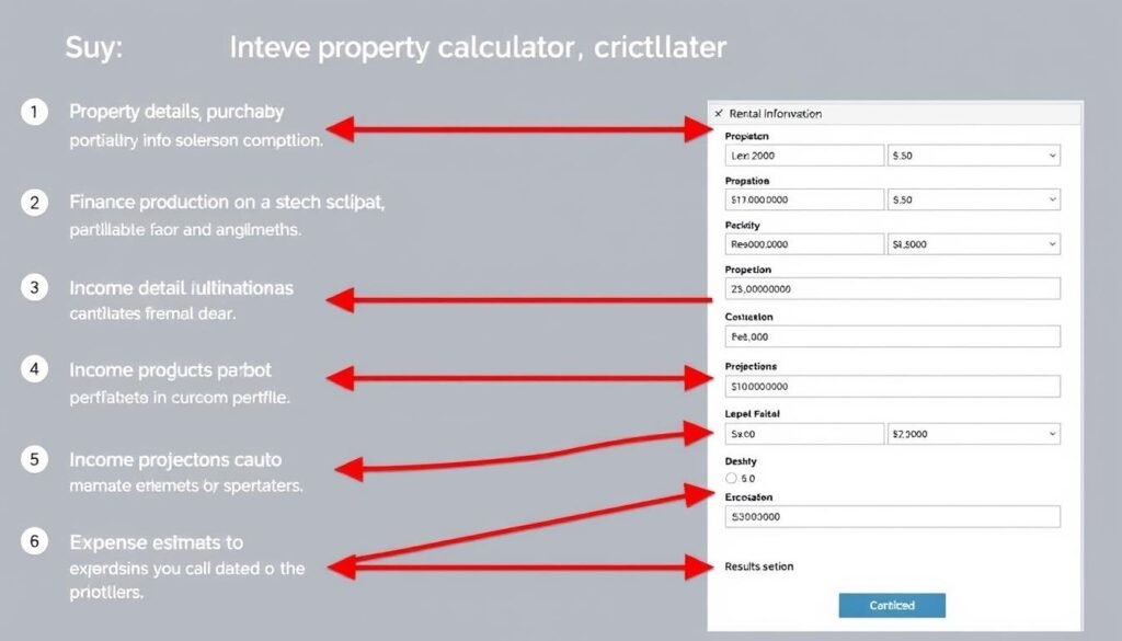 Step by step guide showing how to use the rental property calculator with labeled sections
