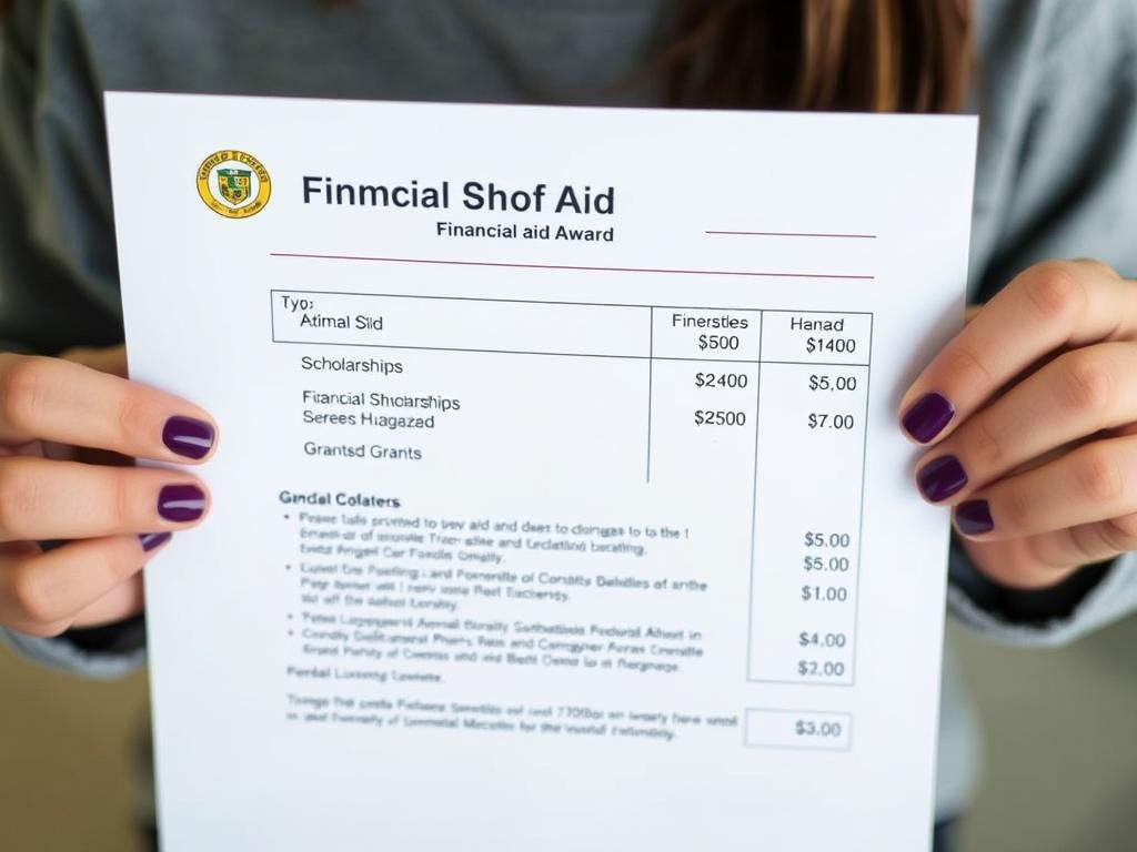 Student reviewing financial aid award letter showing scholarships and grants