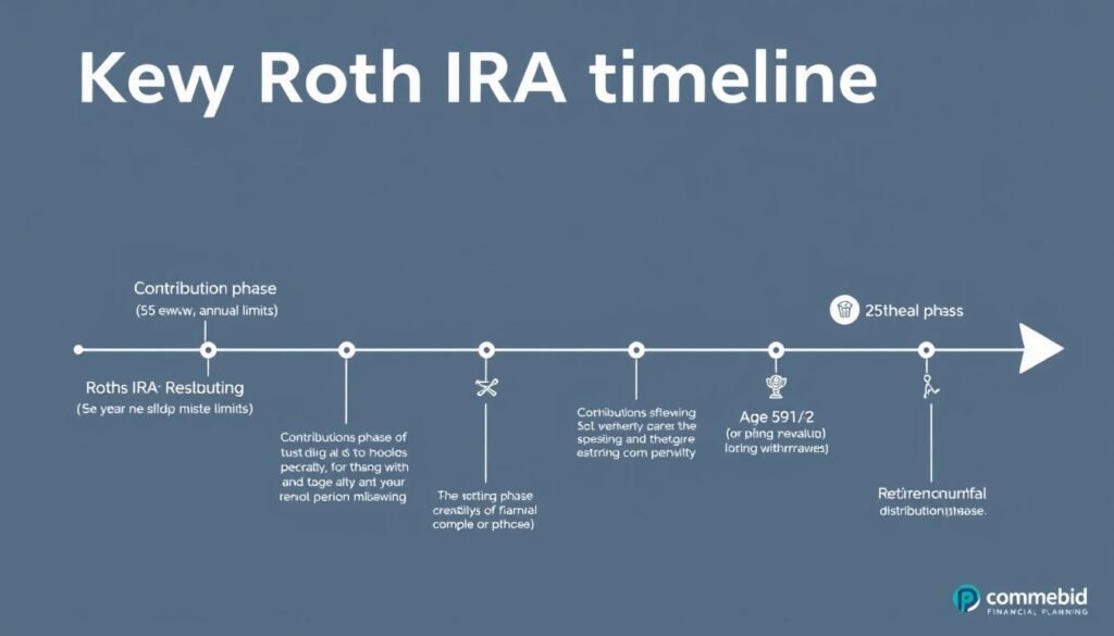 Timeline showing key Roth IRA milestones and rules from contribution to withdrawal