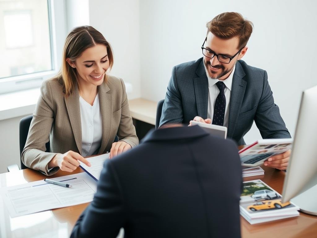 Two people negotiating lease terms at a desk with calculator and documents