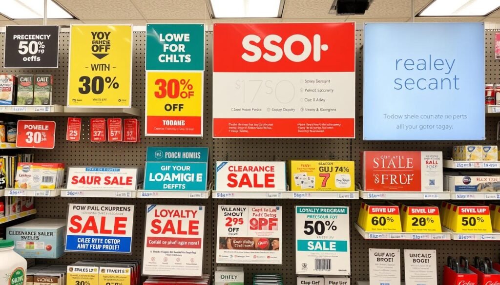 Various discount types displayed on retail store signs showing percentage off BOGO and clearance sales