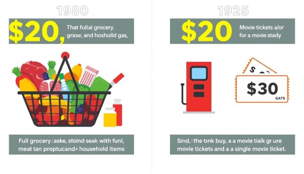 Visual comparison of purchasing power for common items in 1980 vs 2025