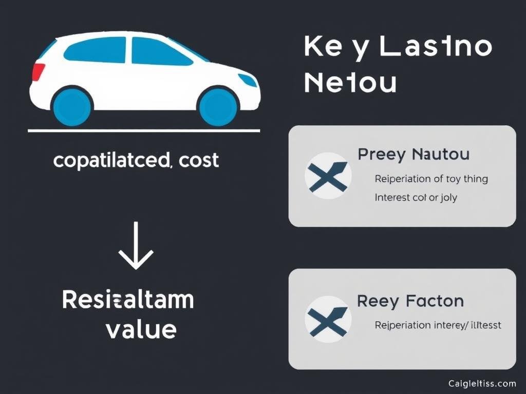 Visual representation of key auto lease calculator terms including capitalized cost residual value and money factor