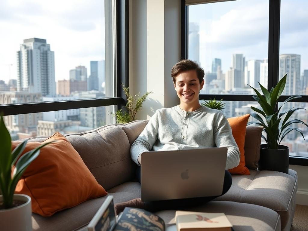 Young professional enjoying flexibility of renting in a modern apartment