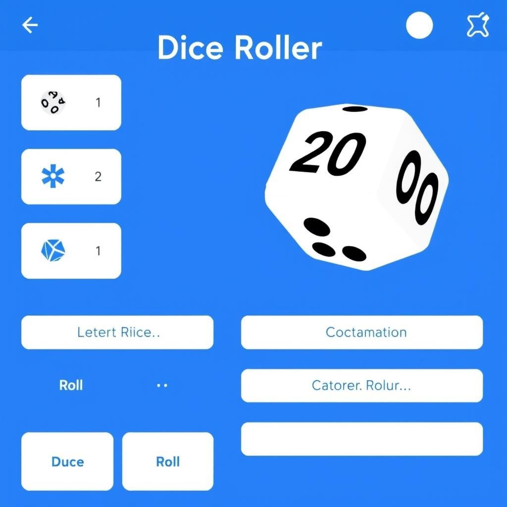 A digital dice roller interface showing a virtual d20 die with the number 20 displayed