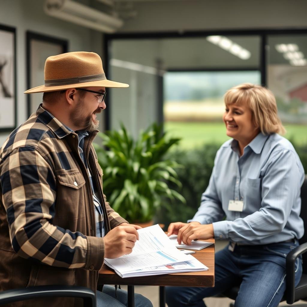 Agricultural loan specialist consulting with farmer