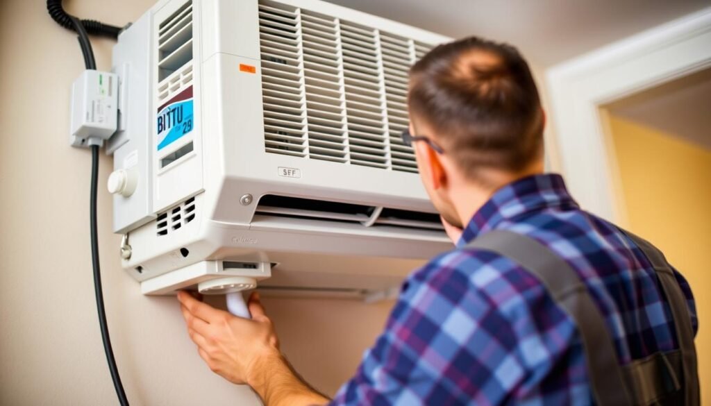 Air conditioning unit being installed in a home showing BTU rating on the specification label