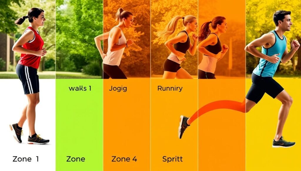 Athletes training in different heart rate zones with visual indicators