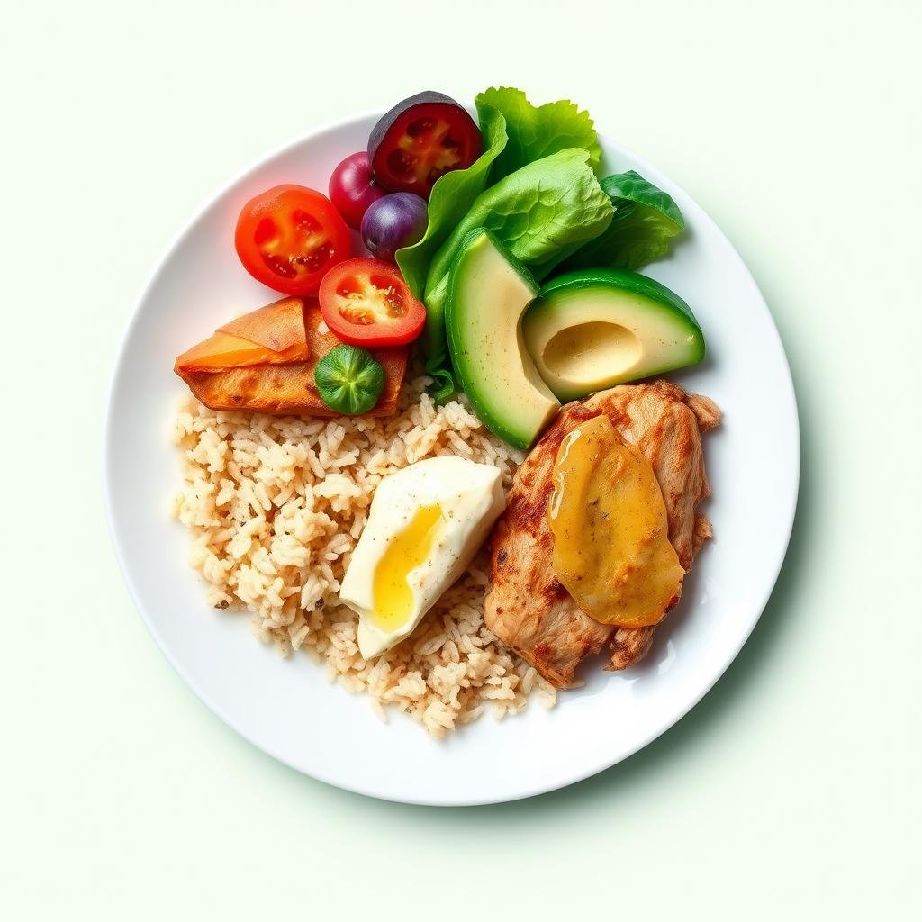 Balanced plate showing proper macronutrient distribution with protein, carbs, and healthy fats