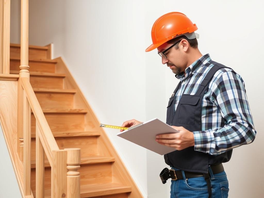 Building inspector checking stair measurements for code compliance