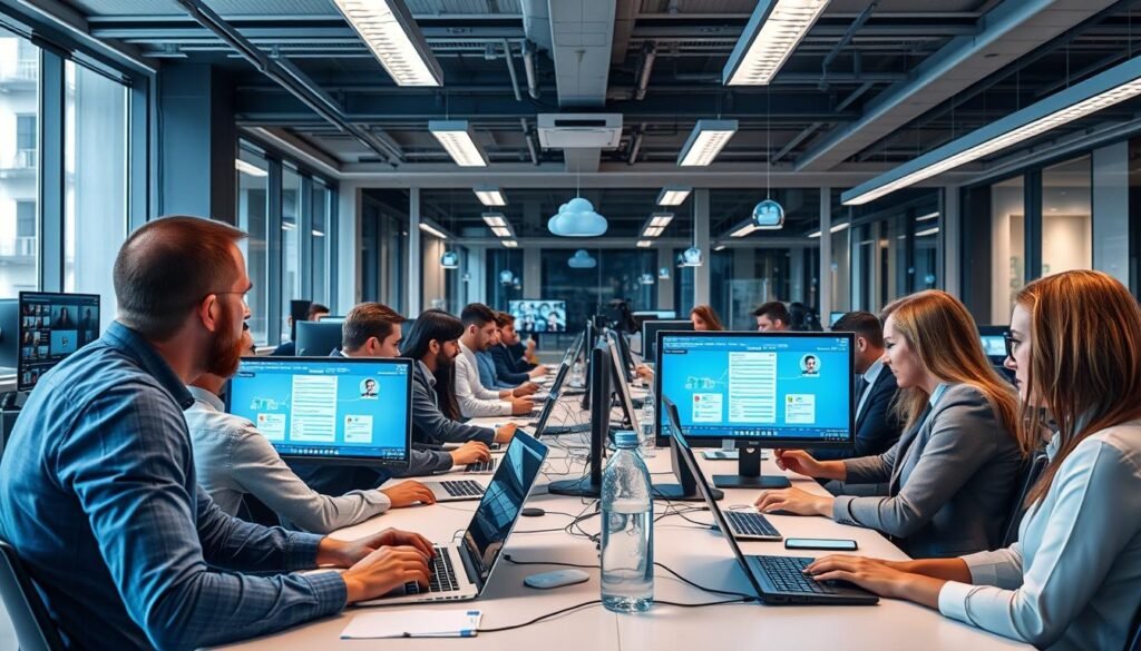 Business office with multiple employees using internet connection