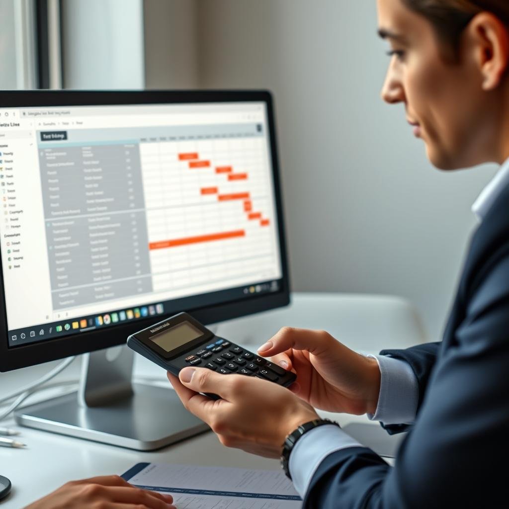 Business professional using date calculator for project planning