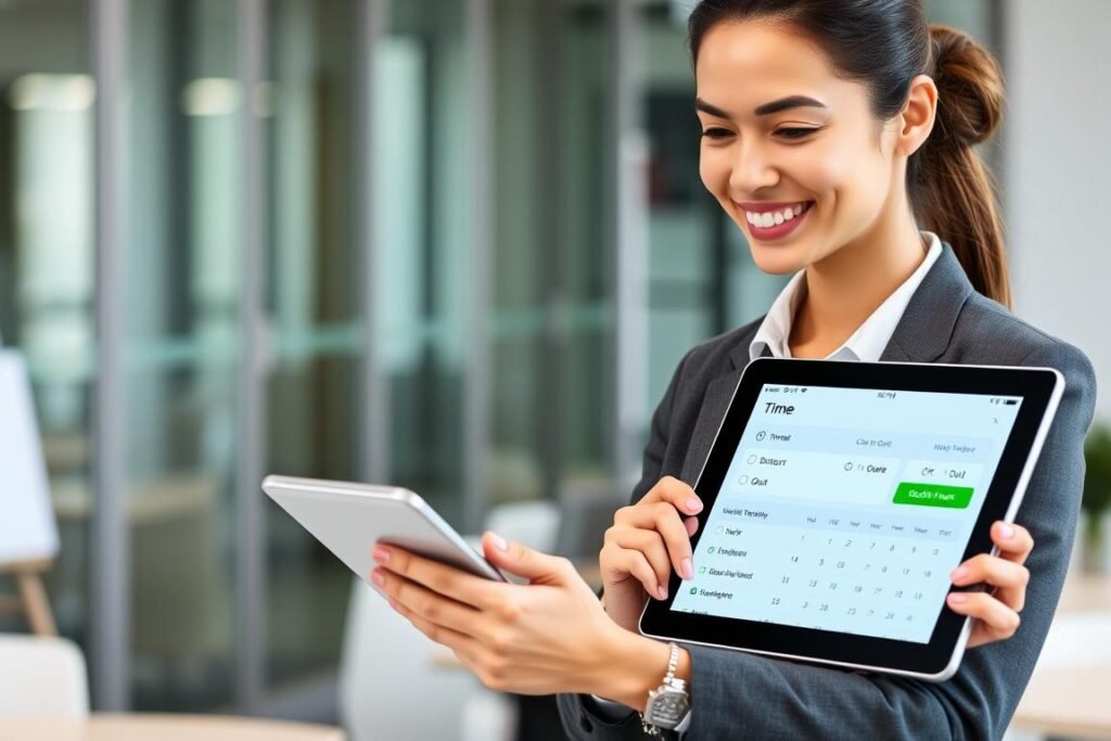 Business professional using digital time card system on tablet