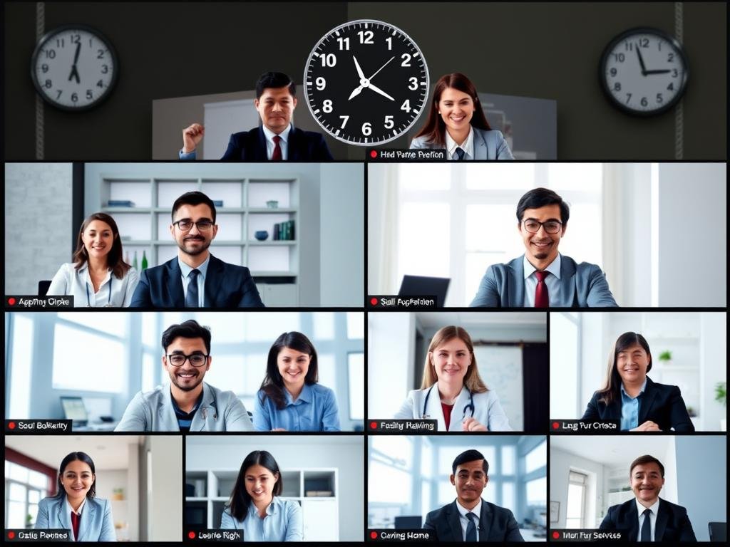 Business professionals in a virtual meeting across different time zones