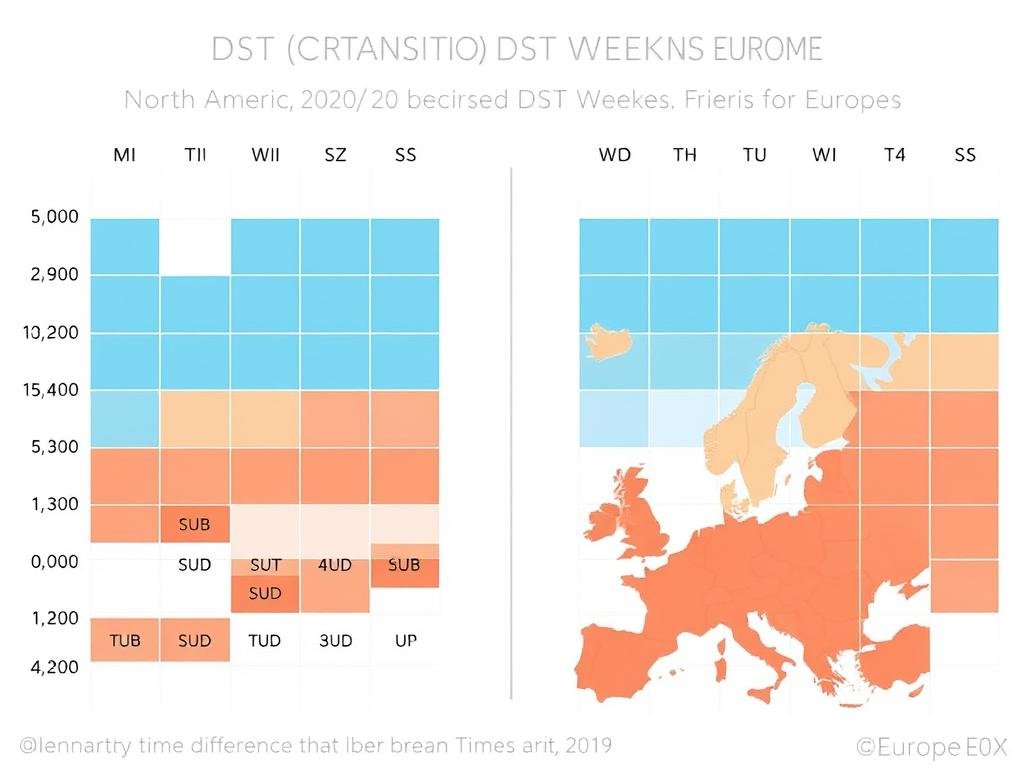 Calendar showing DST transition periods between regions