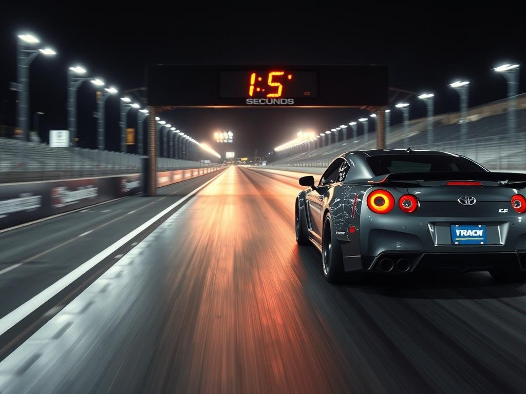 Car at a drag strip completing a quarter-mile run with timer display