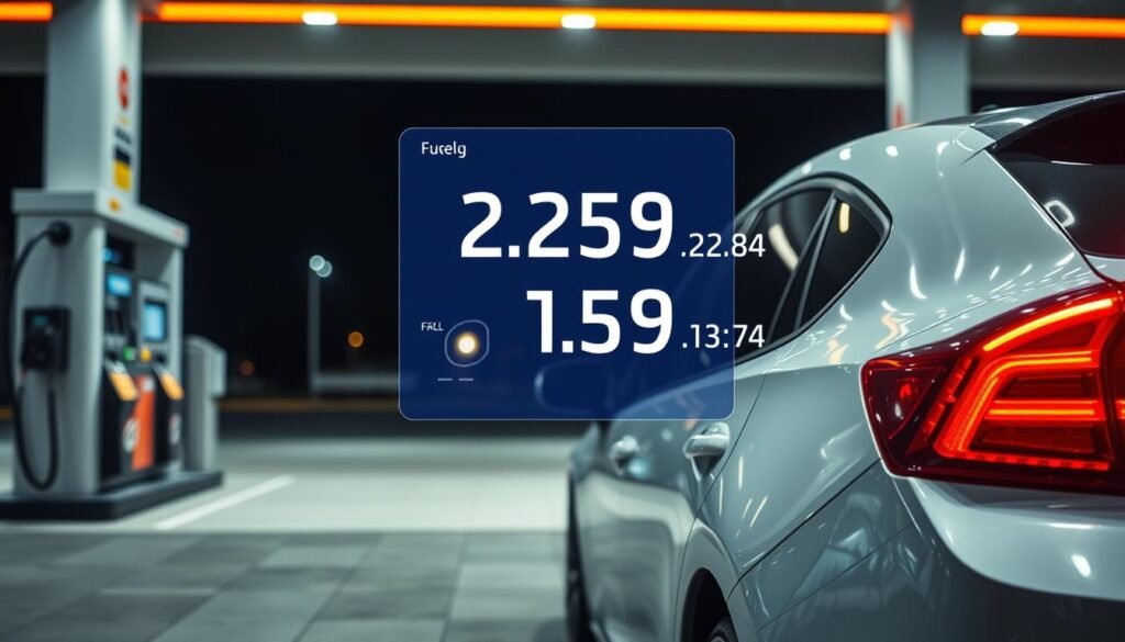 Car at gas station with fuel cost calculator concept overlay
