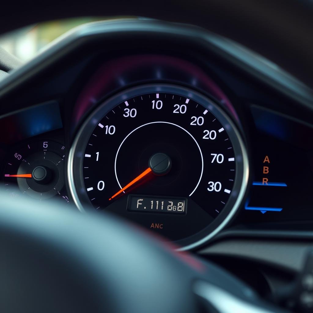 Car dashboard showing fuel efficiency gauge