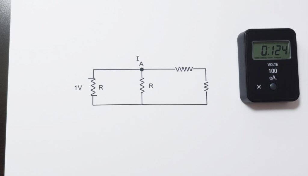 Circuit diagram showing Ohms Law in action with a battery resistor and ammeter