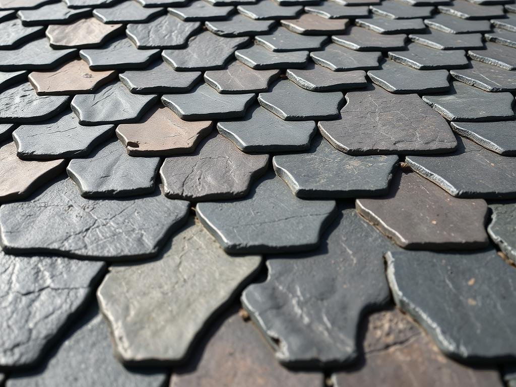Close-up of slate roofing showing the natural stone texture and installation pattern