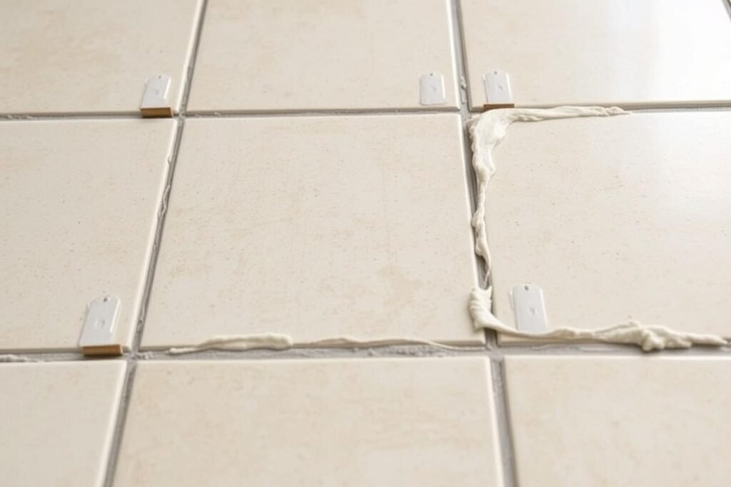 Close-up of tile installation showing grout lines
