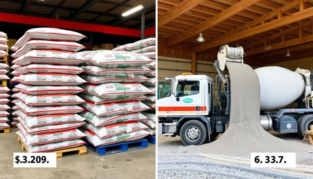 Comparison of bagged concrete stacked on pallets versus a ready mix concrete truck