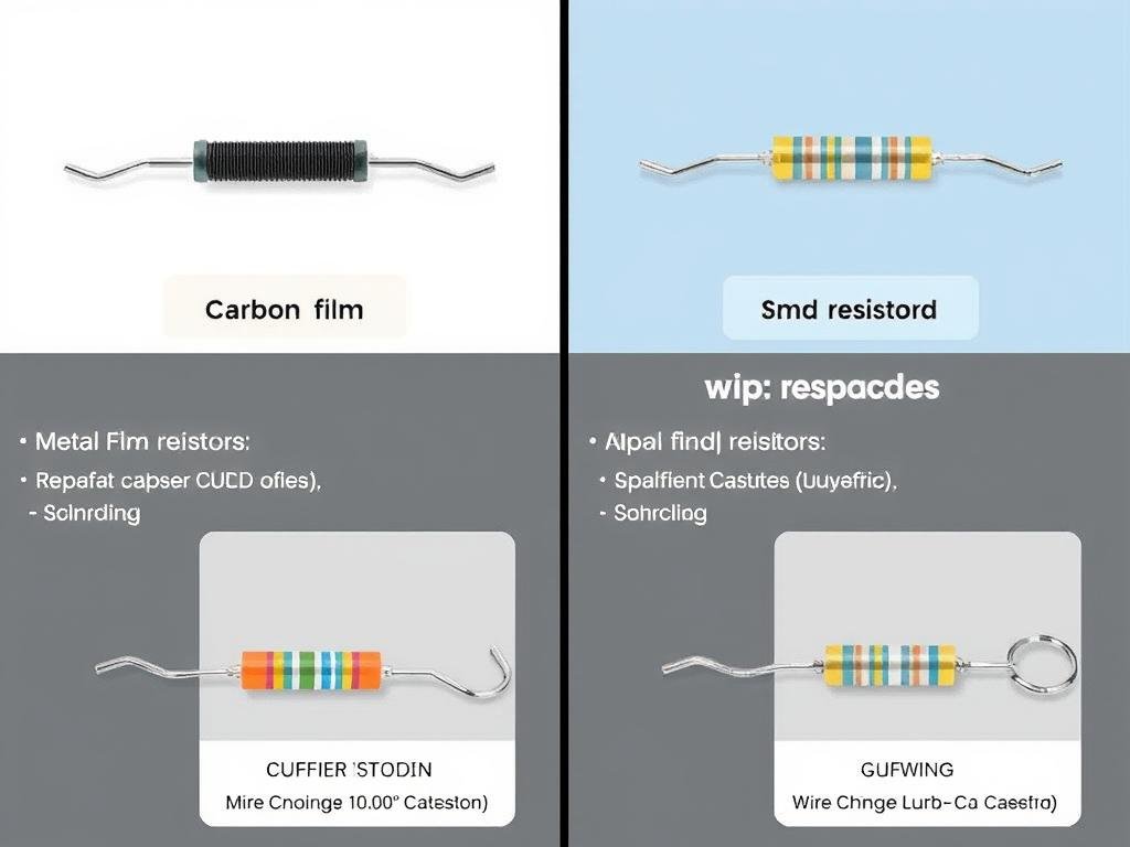 Comparison of different resistor types showing carbon film metal film wirewound and SMD resistors