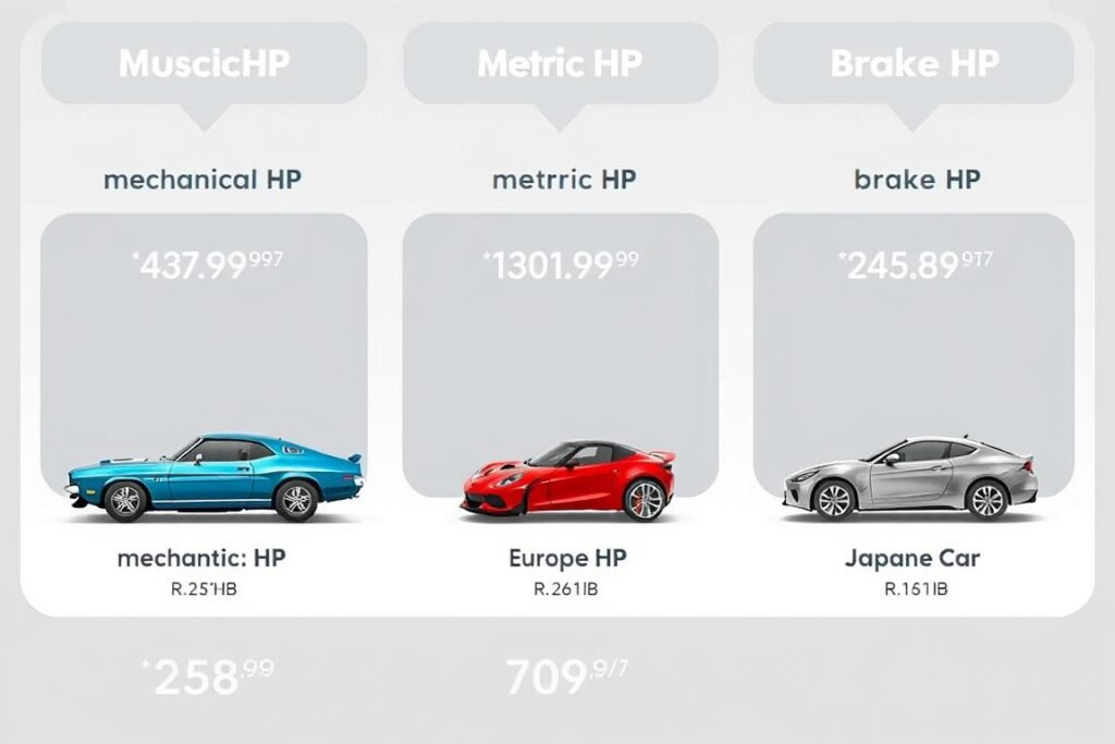 Comparison of different types of horsepower measurements across various vehicles