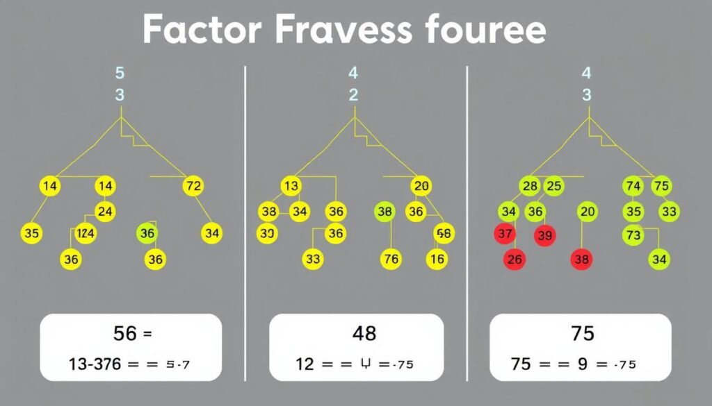 Comparison of factor trees for different numbers showing various prime factorization patterns