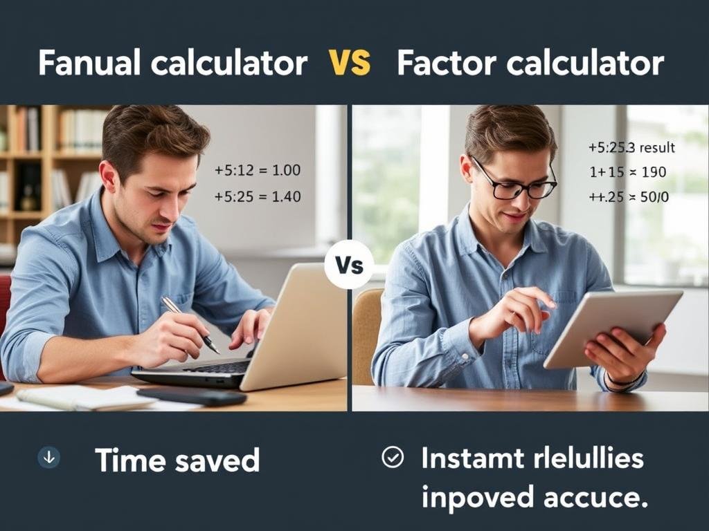Comparison of manual factoring versus using a factor calculator showing time and accuracy benefits