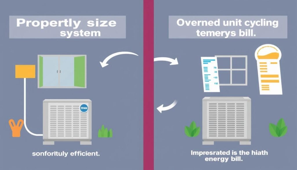 Comparison of properly sized vs improperly sized HVAC systems showing energy consumption differences
