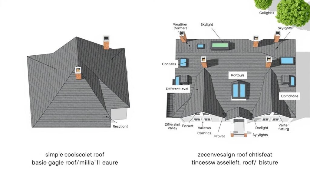 Comparison of simple and complex roof designs showing different features
