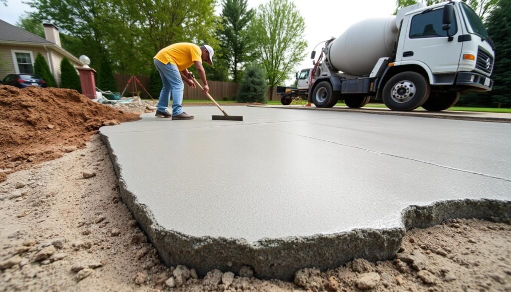 Concrete being poured and finished for a residential project