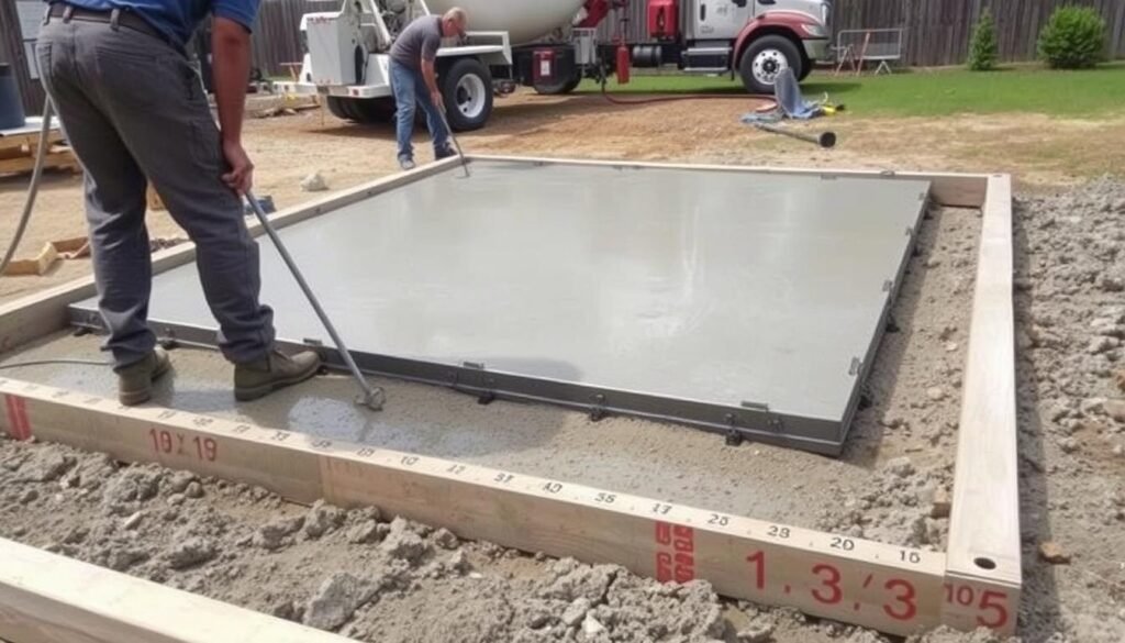 Concrete being poured for a 10x10 patio slab with measurement markers visible